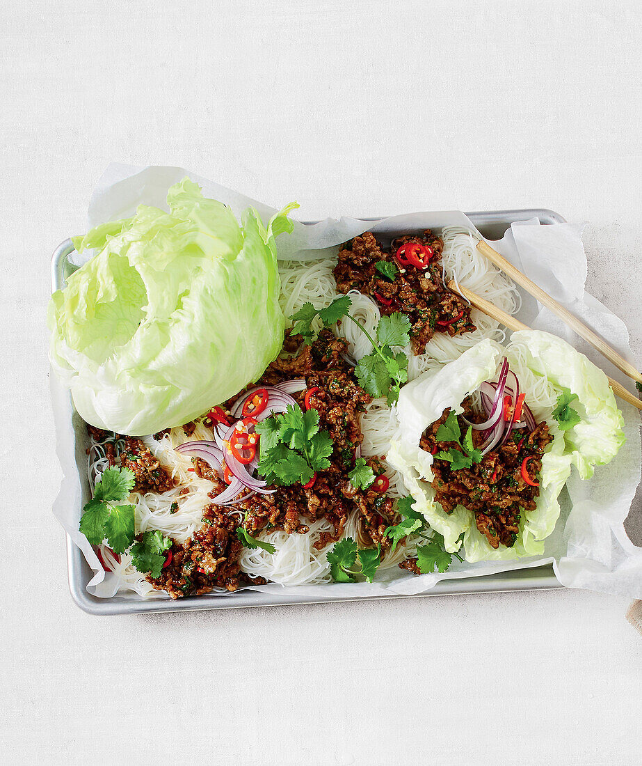 Sticky Pork San Choy Bow in lettuce leaves