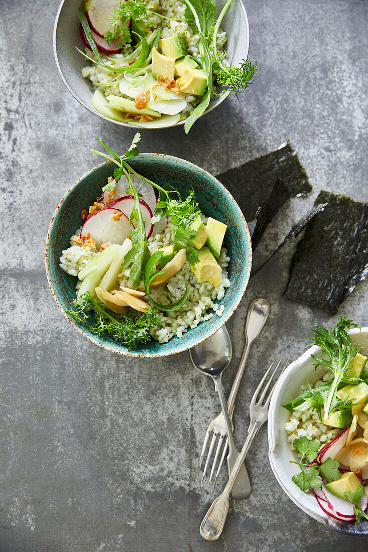 Vegan match rice bowl with radish and avocado