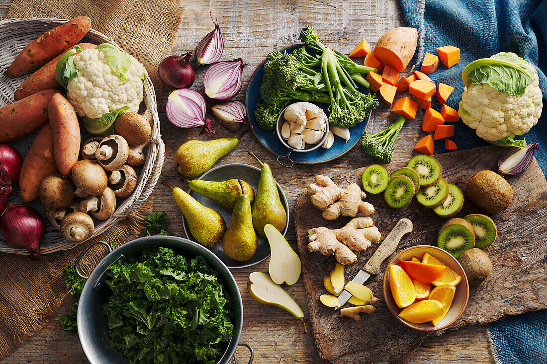 Various types of fruit and vegetables on the table