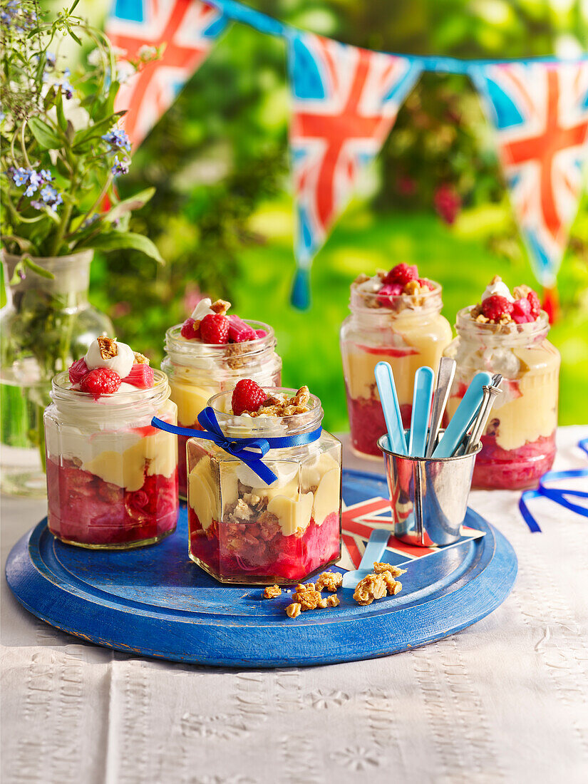 Rhubarb and vanilla cream trifle in a glass