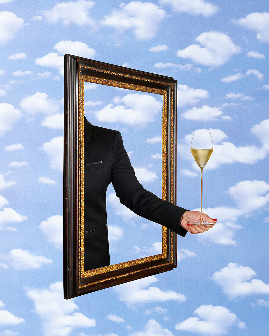 Man serving glass of champagne from picture frame (illustration)