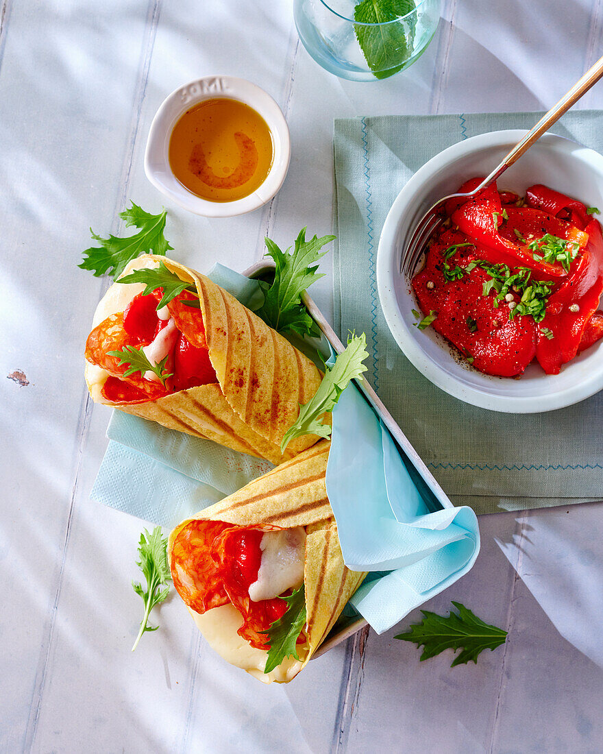 Taloas with chorizo, etorki and red peppers