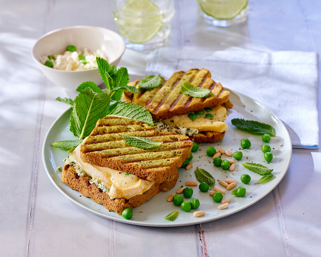 Green croque monsieur with feta and mint