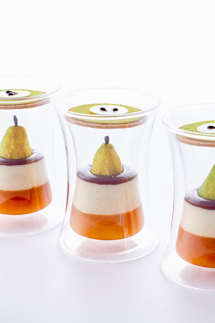 Pear dessert in a glass with layered jelly