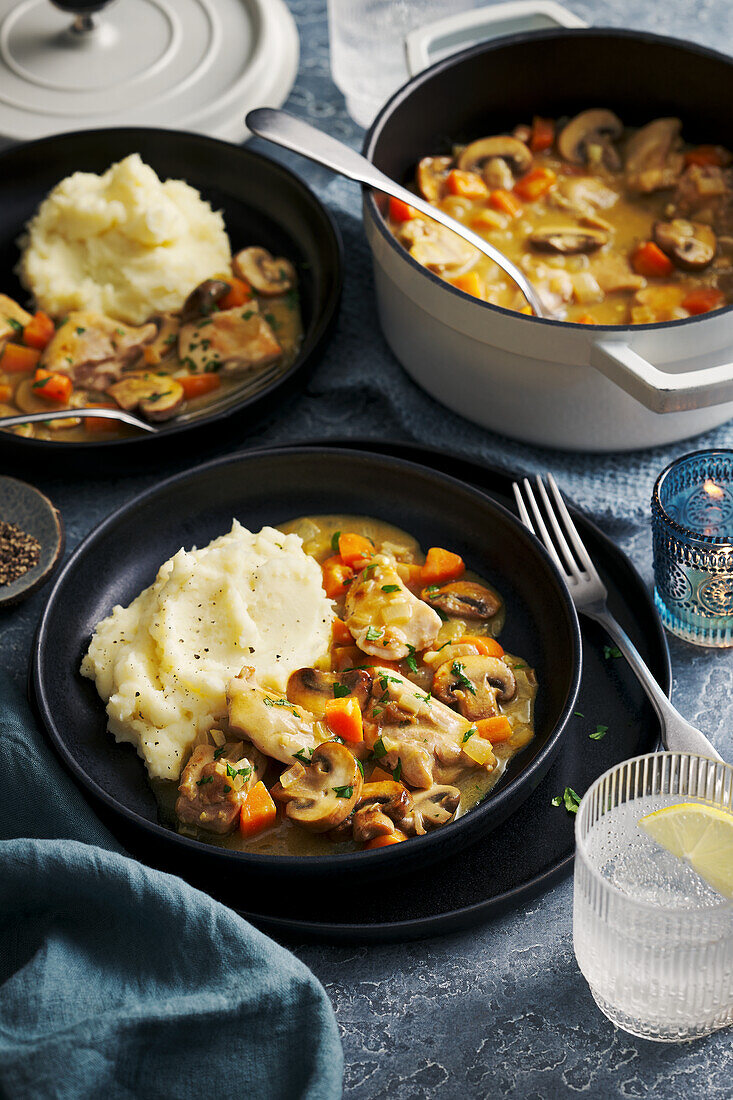 Creamy chicken and mushroom ragout with mashed potatoes