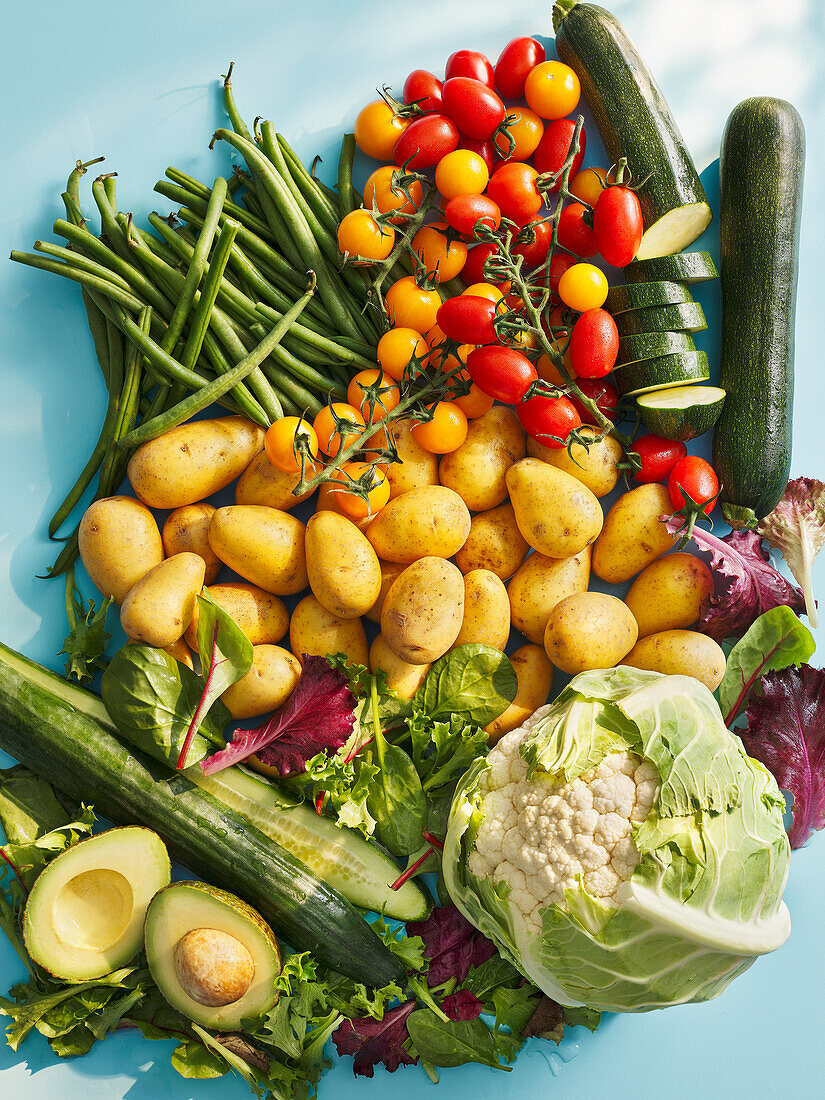 Frisches Gemüse - Kartoffeln, Bohnen, Tomaten, Gurken, Avocado, Blumenkohl, Salat