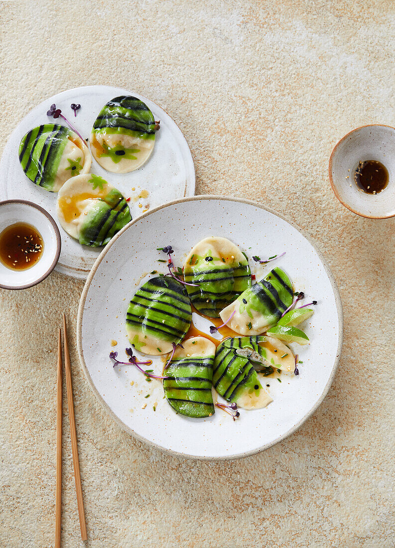 Striped ravioli with scampi filling