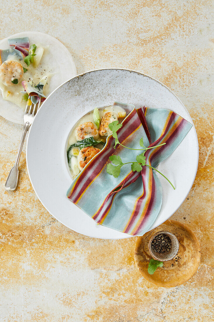 Bunte Handkerchief-Pasta in Geflügelbällchen-Sauce