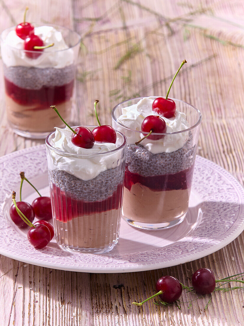 Chocolate cherry chia pudding in a jar