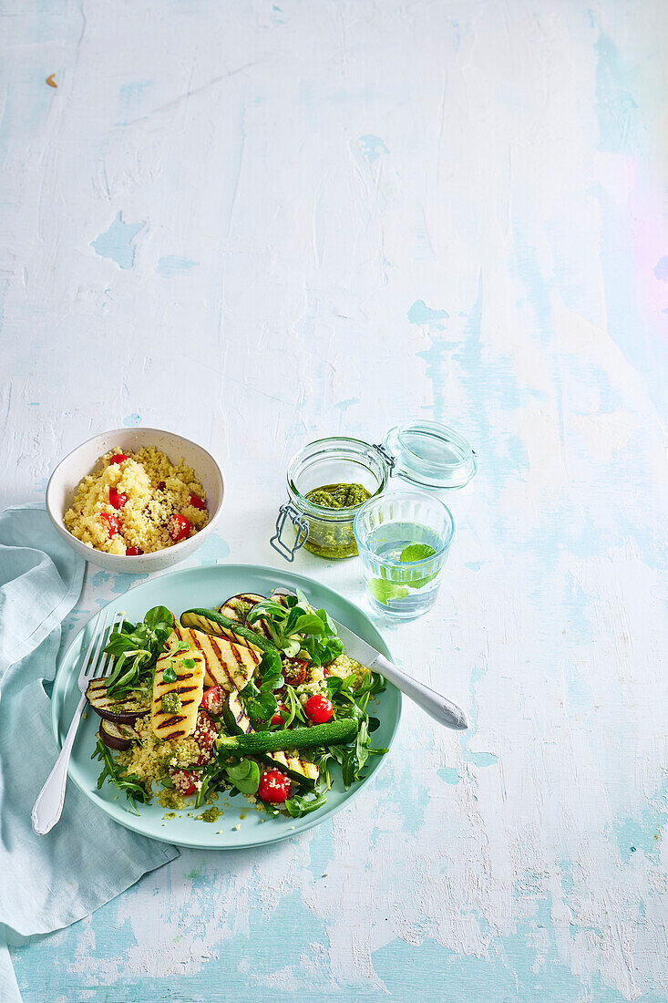 Couscous salad with grilled halloumi and vegetables