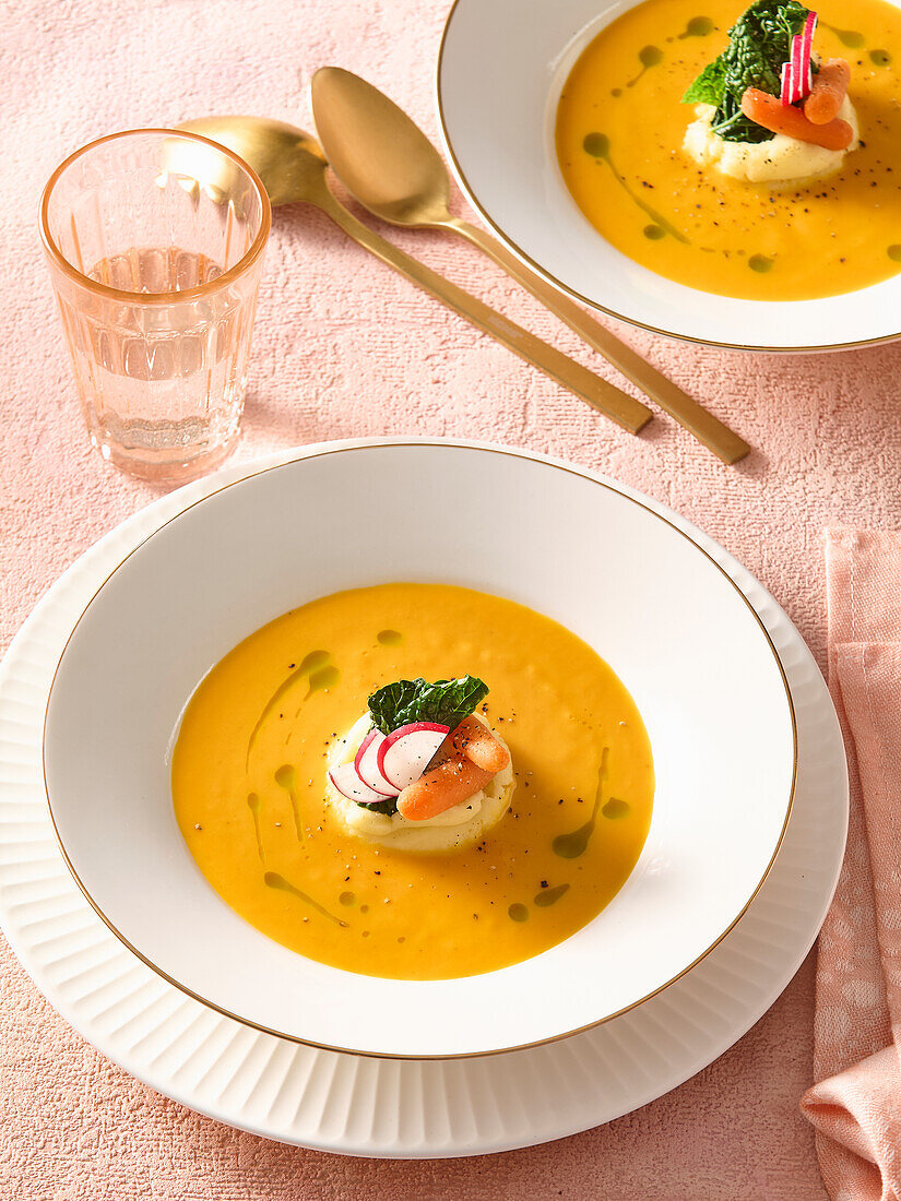 Cream of carrot soup with ginger and radishes