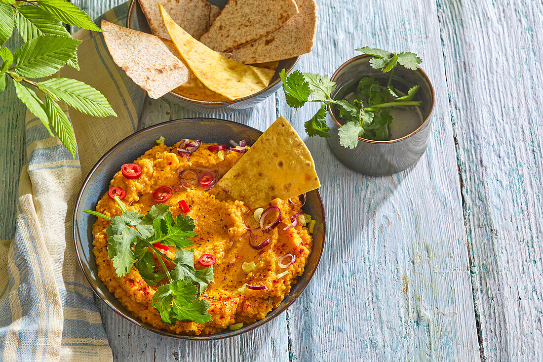 Carrot hummus with coriander and chilli