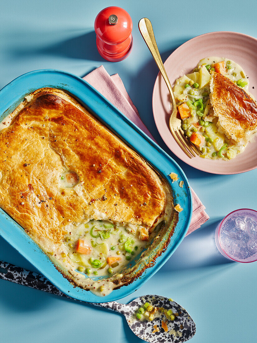 Carrot and leek pie with peas and mustard sauce