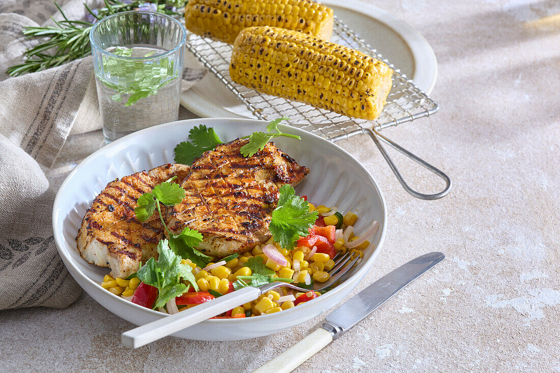 Grilled pork neck with corn salad