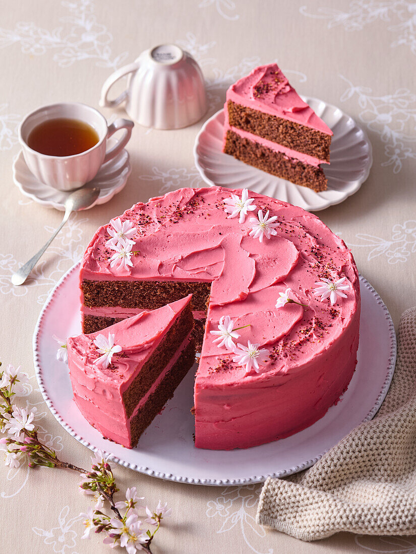 Hibiscus chocolate cake with pink icing