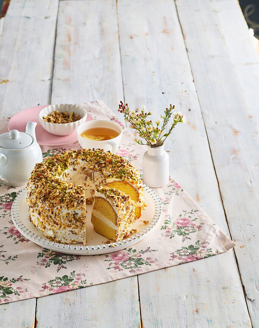 Bundt cake with mascarpone filling and nuts