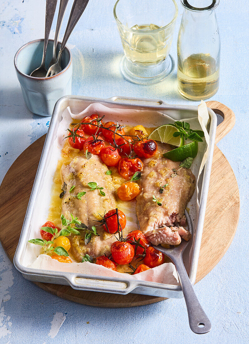 Fisch mit Honig und Kirschtomaten aus dem Ofen