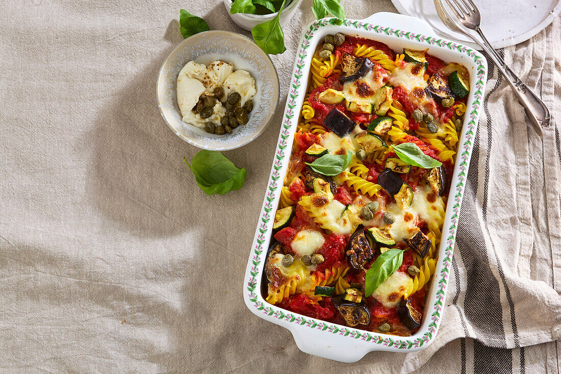 Pasta casserole with vegetables and mozzarella