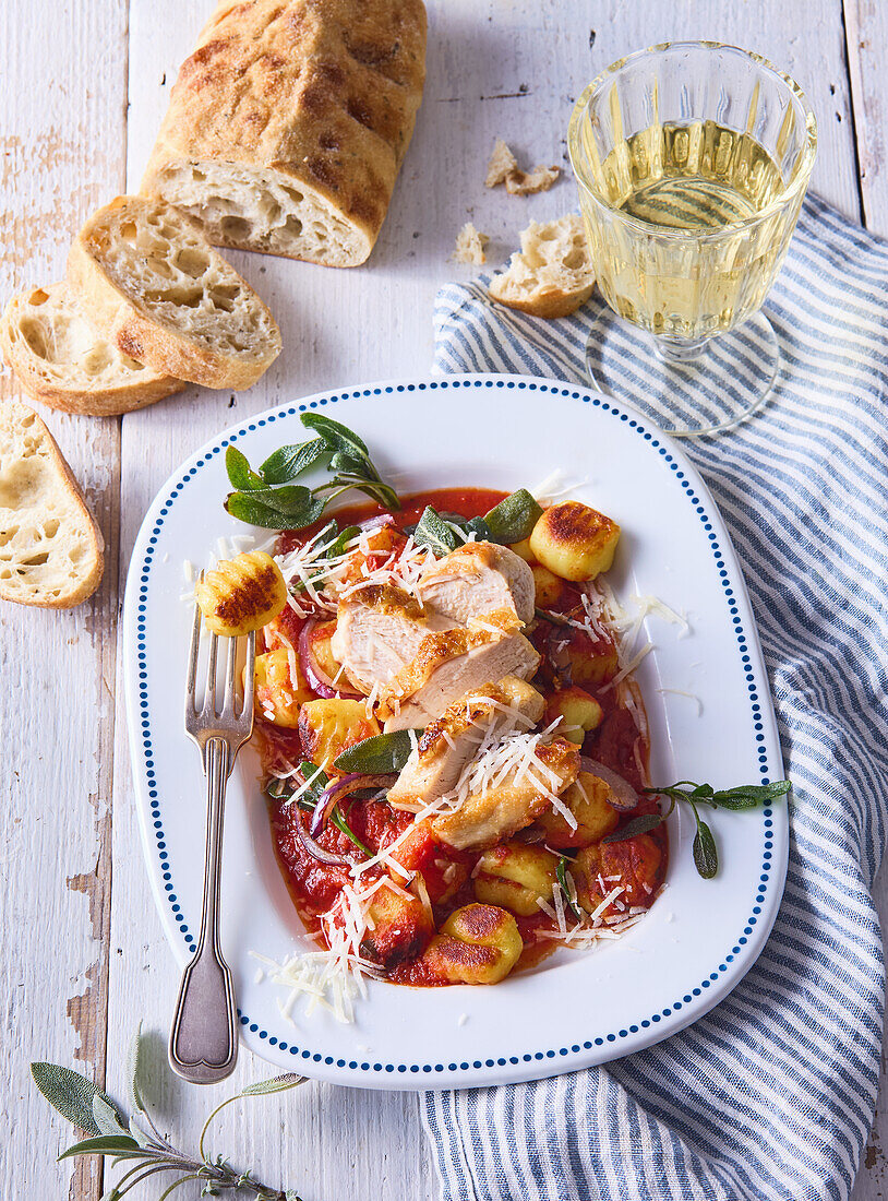 Gnocchi mit Hähnchen und Salbei in Tomatensauce