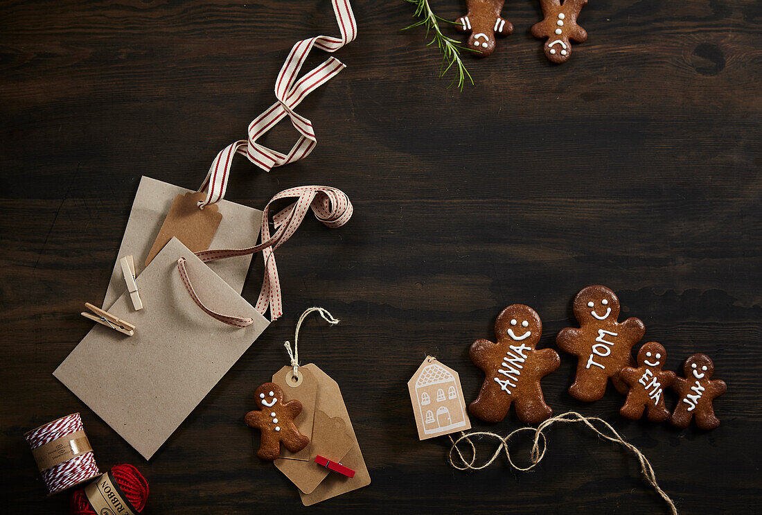 Gingerbread man with name tag and gift tag