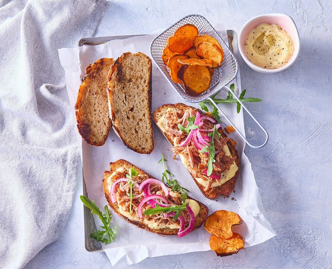 Pulled pork sandwich and sweet potato chips