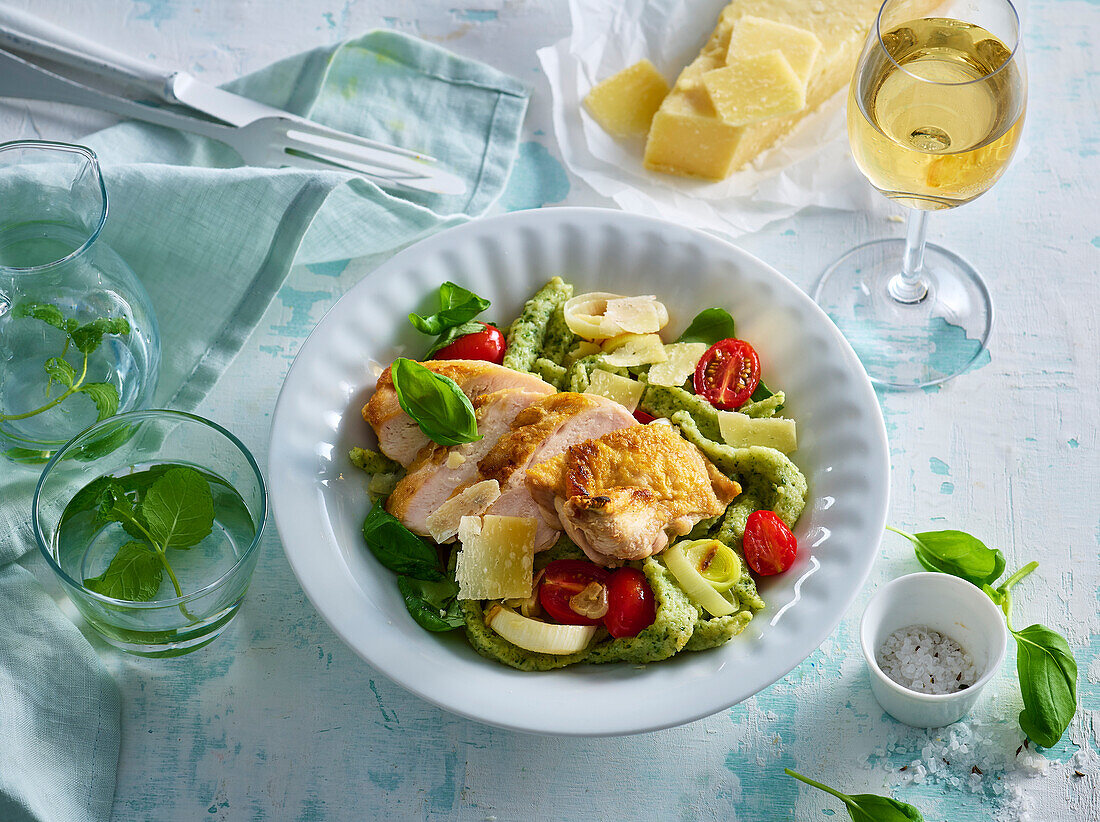 Roast chicken breast with spinach and potato noodles