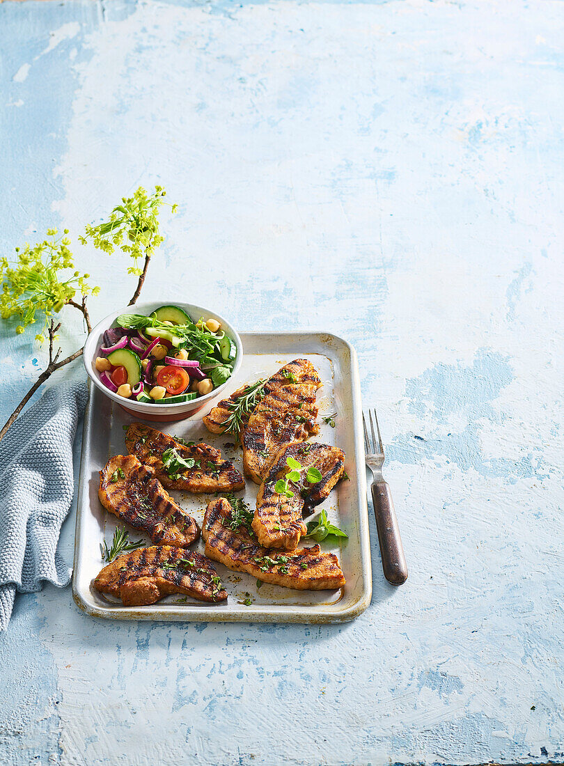 Grilled pork belly with vegetable salad