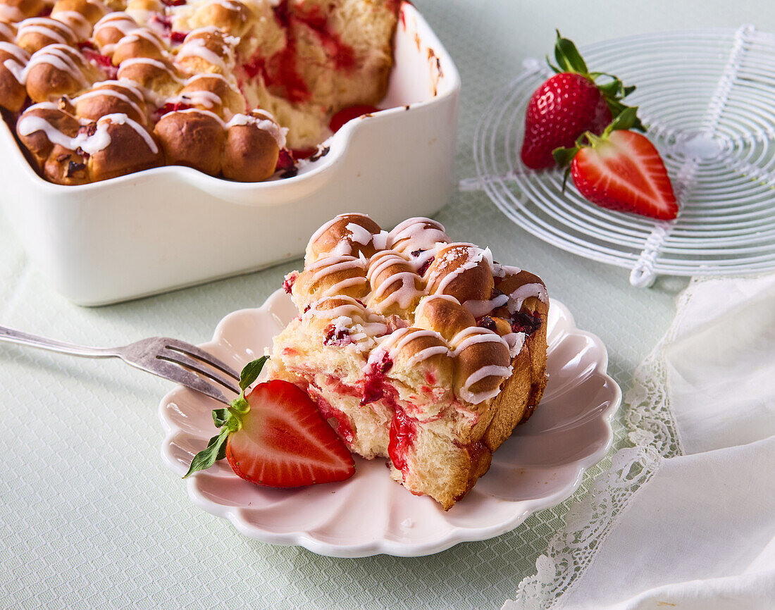 Strawberry bread pudding with icing