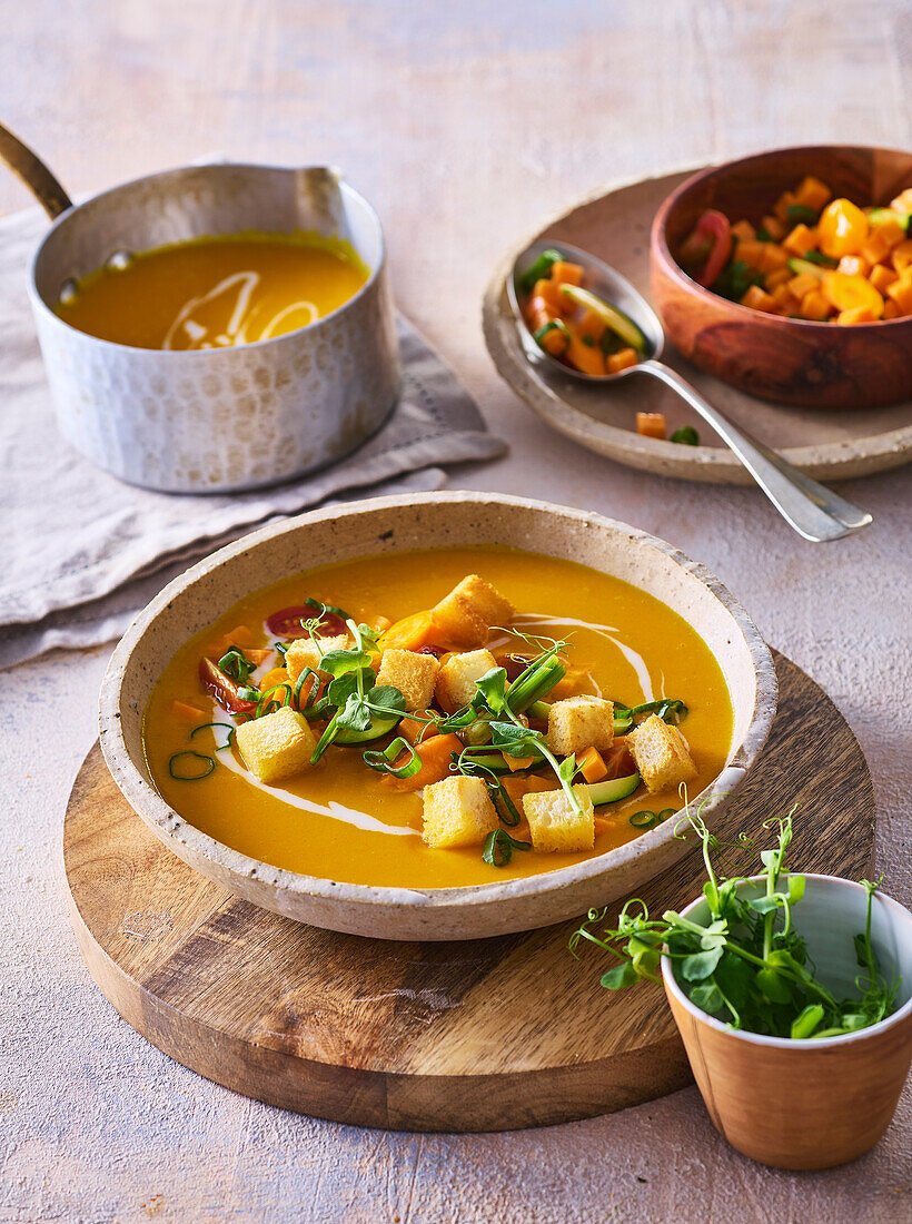 Süßkartoffelsuppe mit Croûtons und Frühlingszwiebeln