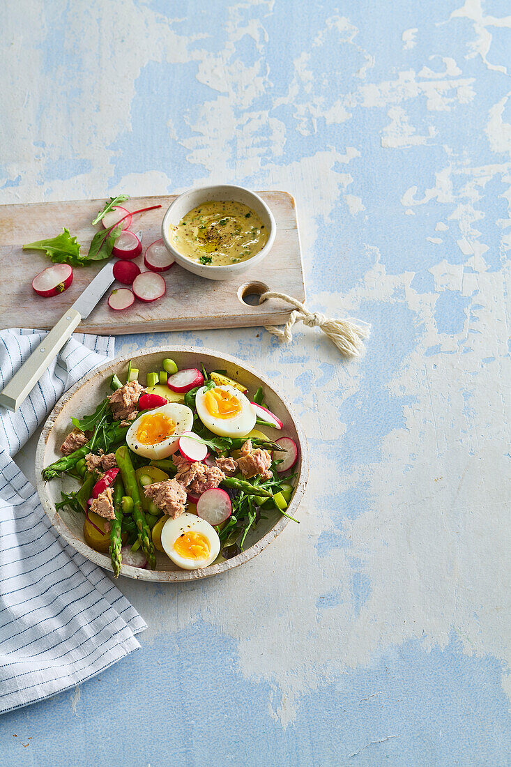 Thunfischsalat mit grünem Spargel, Radieschen und Ei