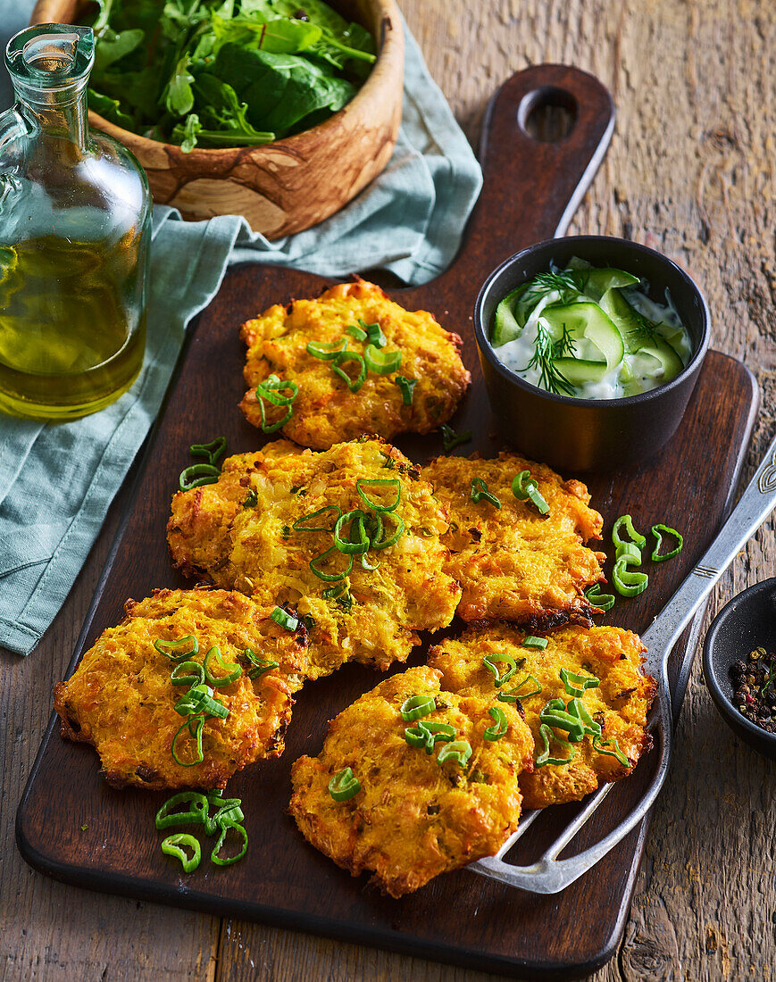 Gemüse-Fritters mit Gurkendip und Frühlingszwiebeln