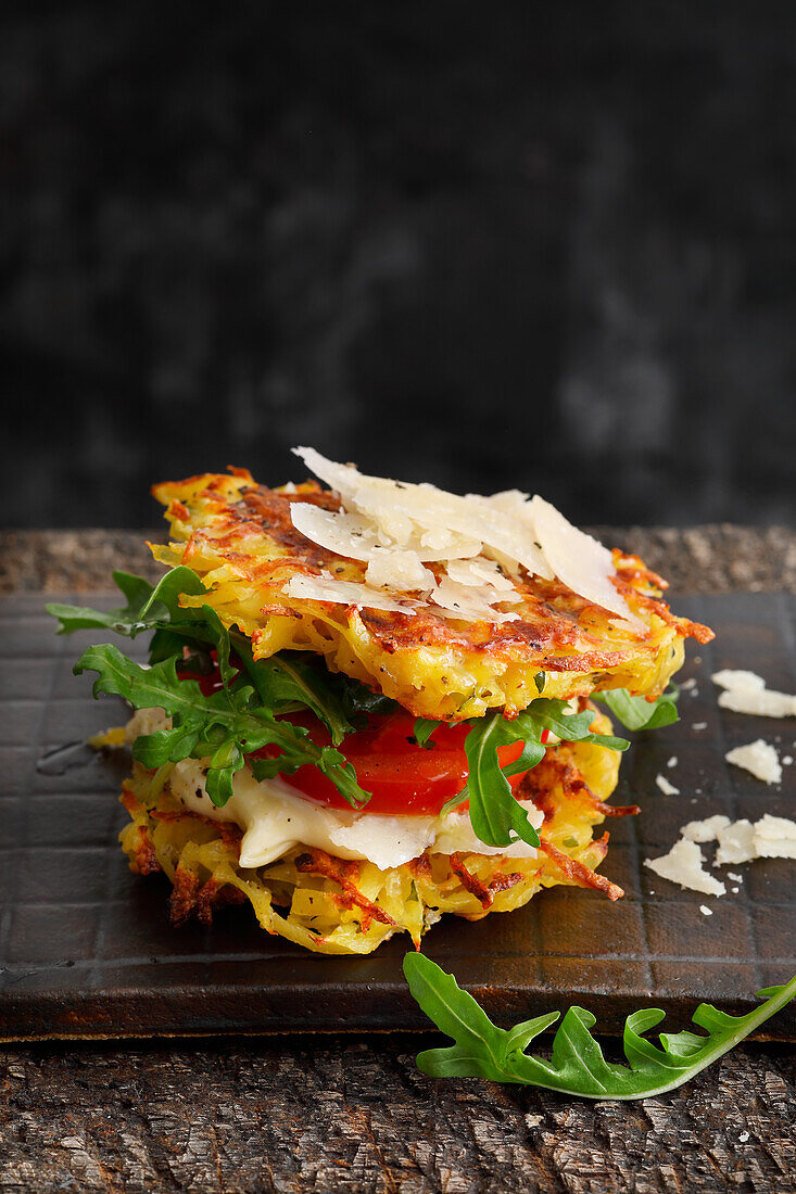 Potato pancake burger with rocket, tomato and pecorino