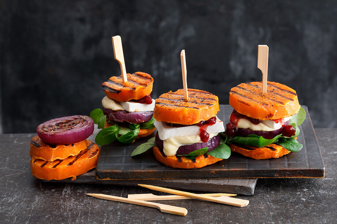 Sweet potato and brie sandwiches with red onions and cranberries