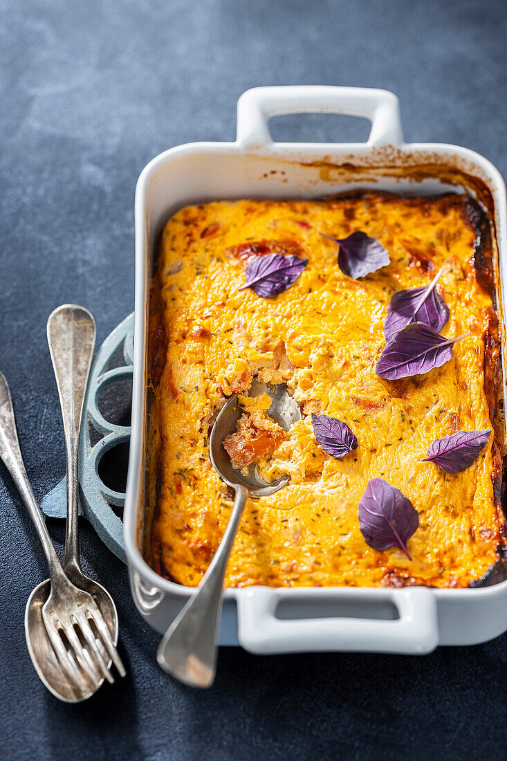 Tomato flan with purple basil