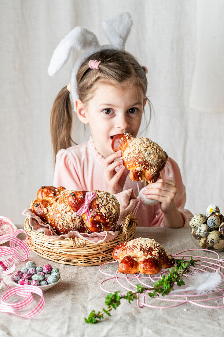 Easter lamb shaped buns with a girl