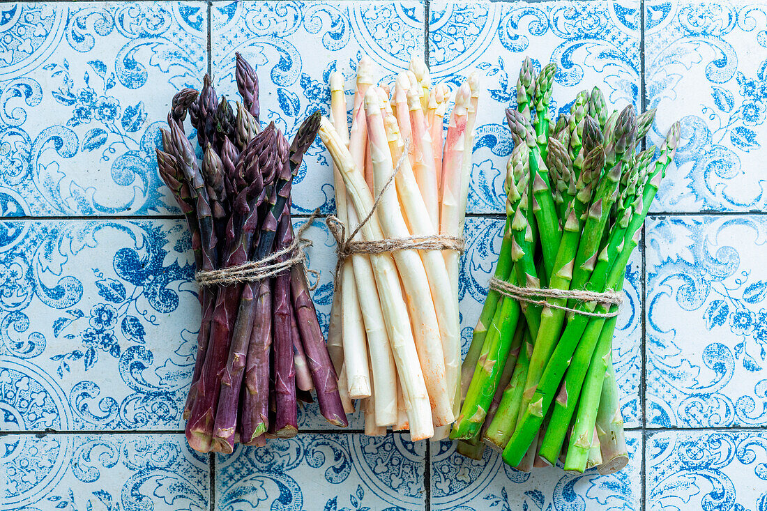 Trio of asparagus - white, green, and violet