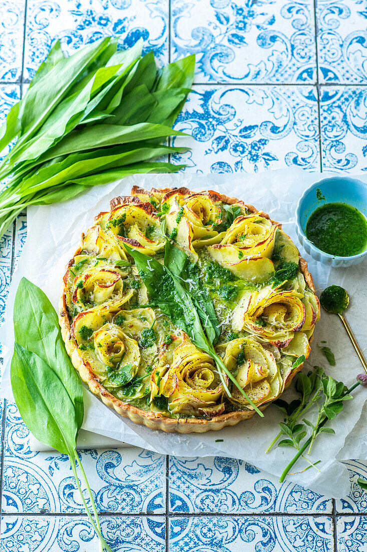 Wild garlic potato tart