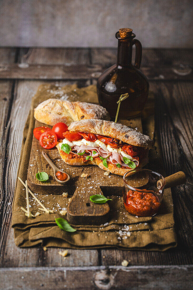 Ciabatta with mozzarella, tomato and ham