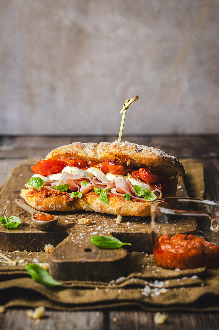 Ciabatta with mozzarella, tomato and ham