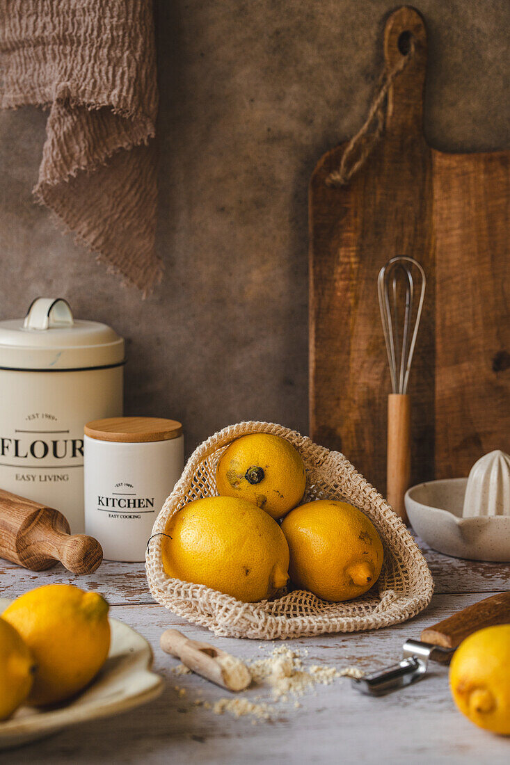 Rustic baking still life with lemons