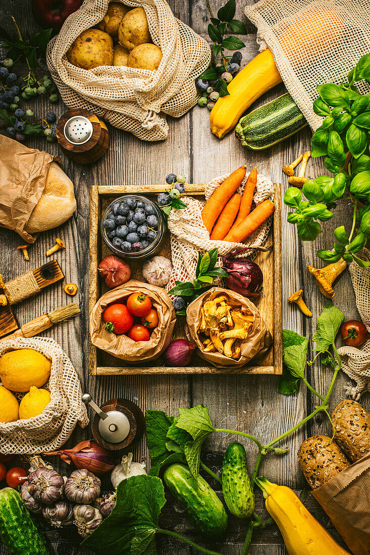 Colorful selection of fresh organic vegetables and fruit