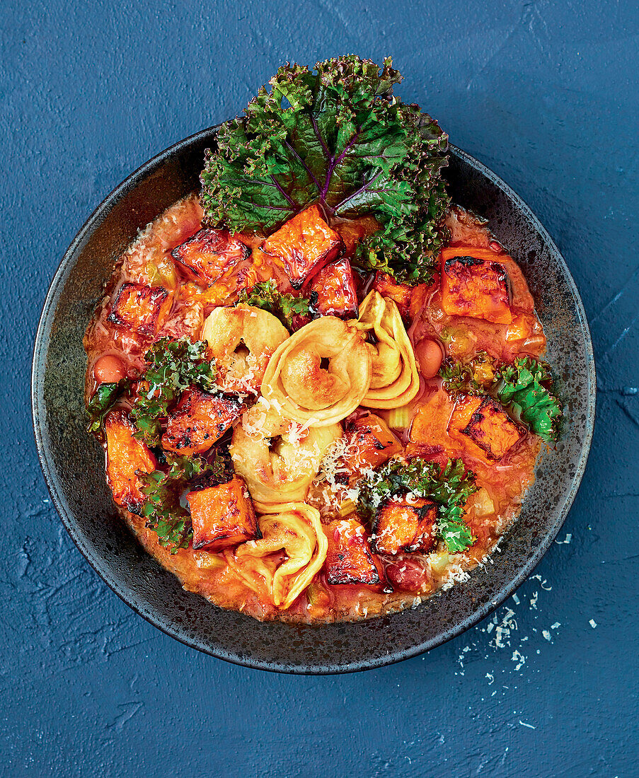 Roasted pumpkin minestrone with chicken tortellini