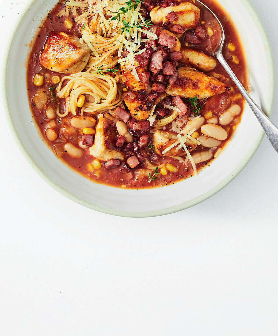 Chicken stew with white beans and bacon