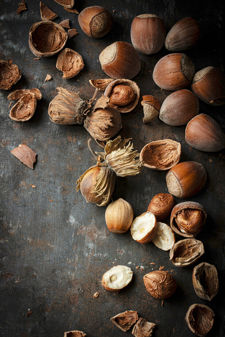 Hazelnuts, whole and shelled, on a dark background