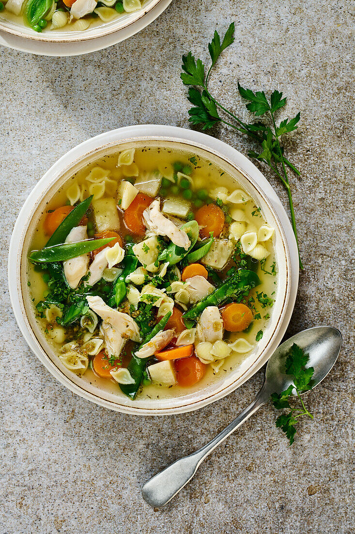 Chicken soup with soup noodles and vegetables