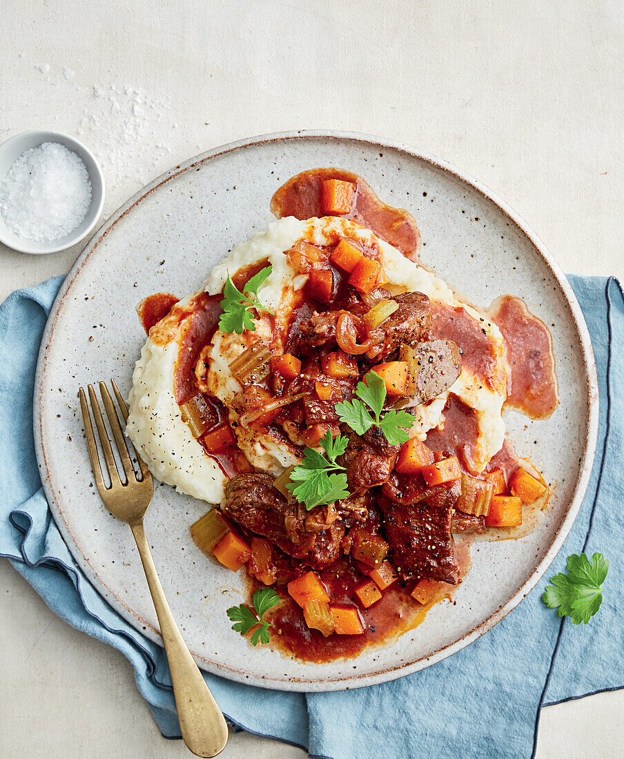 Classic beef stew with mashed potatoes