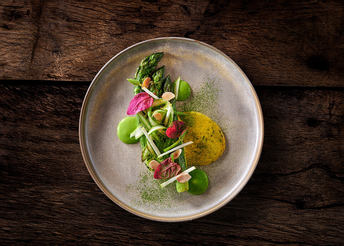 Green asparagus with verbena sabayon and apple foam