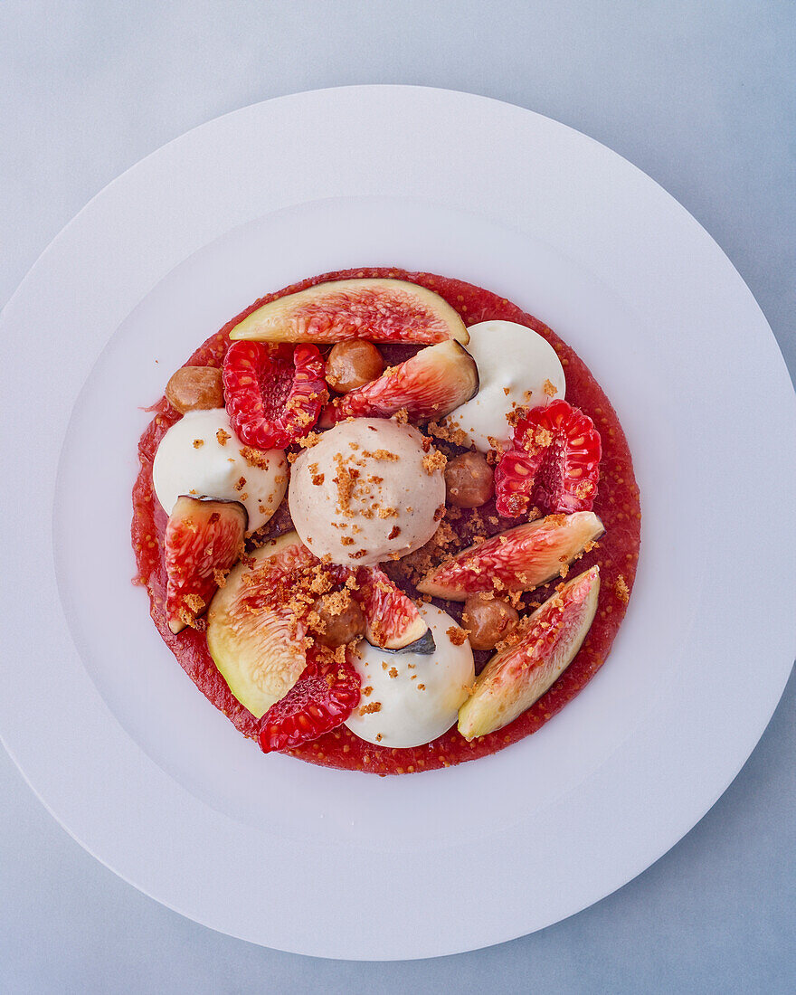 Fig sorbet with raspberry saucee