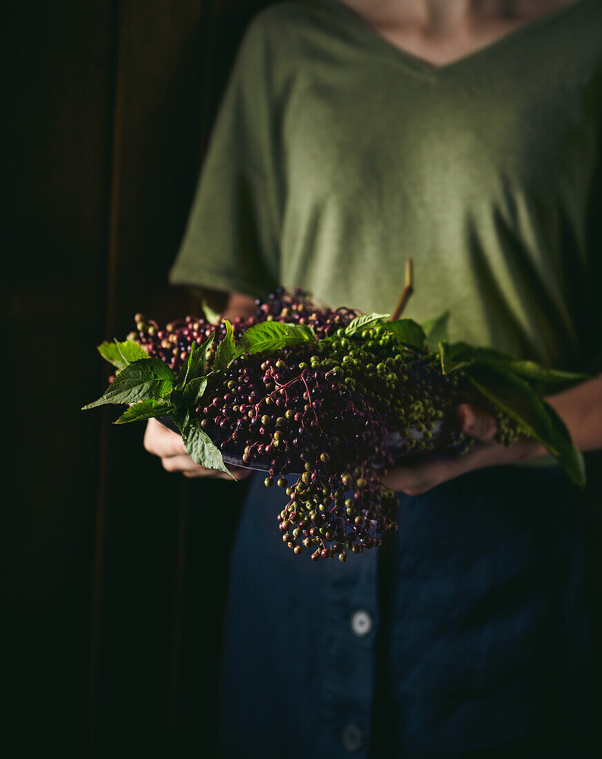 Woman holding bowl of fresh elderberries