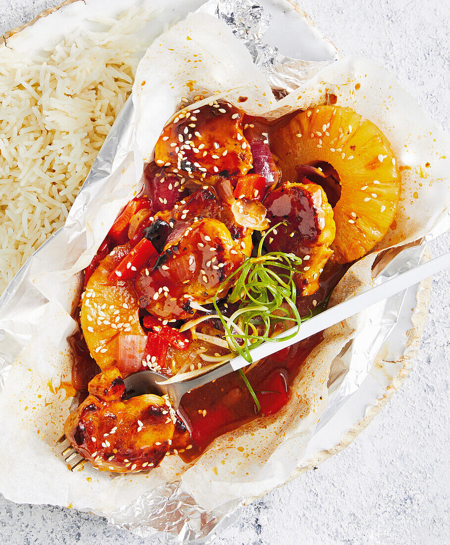 Sweet and sour pork with pineapple and rice